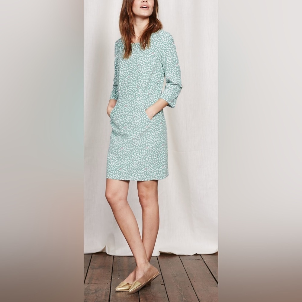 Boden - Hannah Corduroy Quarter Sleeve Green And Pink Bird Print Midi Dress 4R